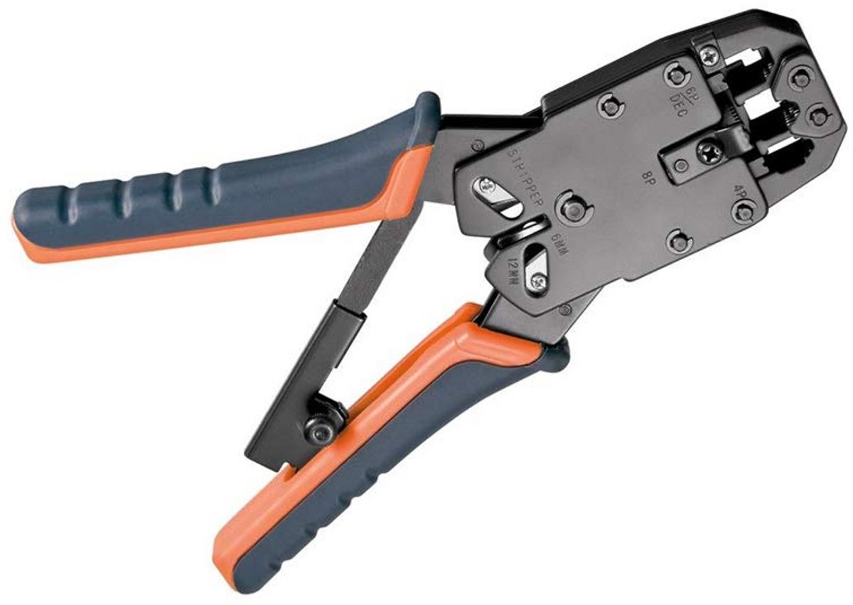 Krimptang voor modulaire RJ10, RJ11, RJ12 en RJ45 stekkers met kabelsnijder en stripfunctie