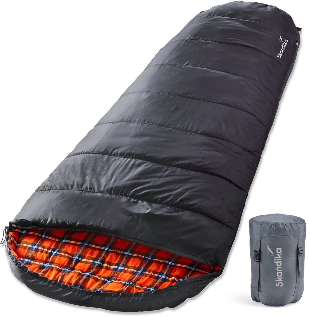 Skandika Vegas XXL Flannel-R Slaapzak – Mummieslaapzakken – Slaapzakken volwassen – Maat XXL – Unisex - Katoen, luxe kwaliteit, koppelbaar, 3 seizoenen, 220 x 110 cm, -12° tot -15°C, Outdoor kampeerslaapzak – Ritssluiting rechts - zwart
