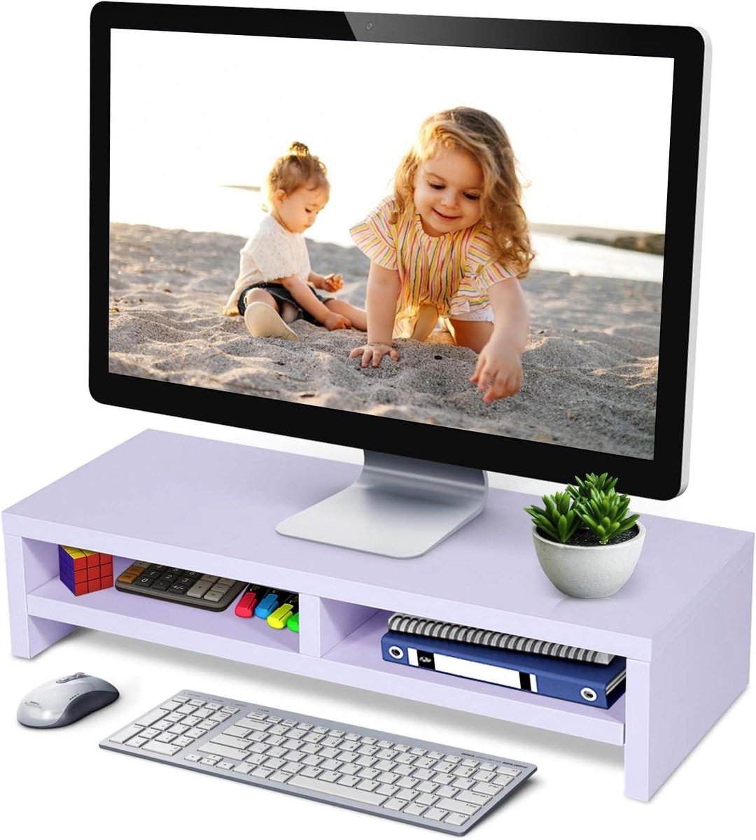 Allecta - Monitor Riser Stand van Hout met 2 Tiers en 3 Opslagvakken, Grote Monitor Stand van Massief Hout, Antislip en Stabiel, Geschikt voor PC, Laptop en Notebook