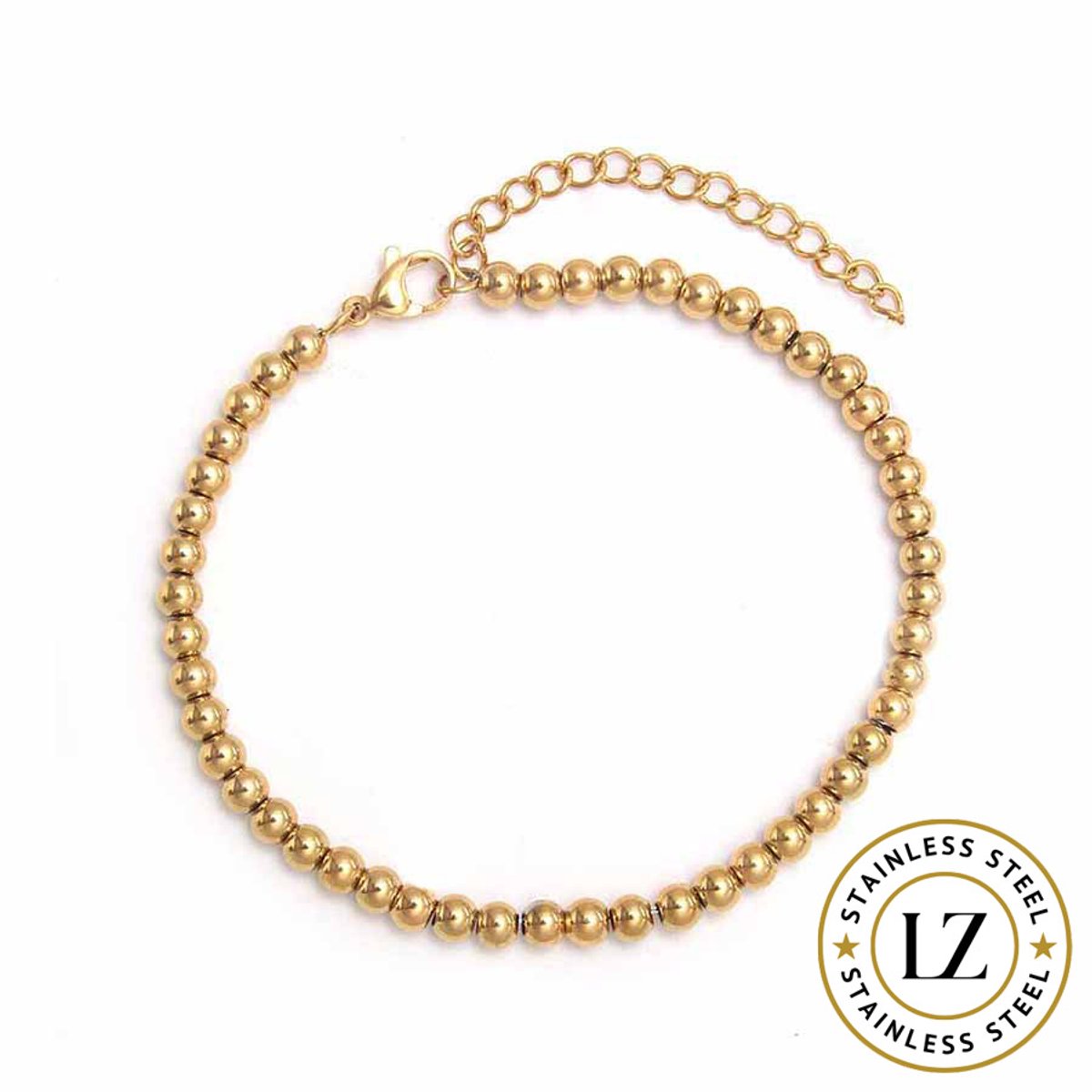 LOUIZ Gouden Kralenarmband 4 mm – Kralen Armband Dames – RVS Stainless Steel – Nikkelvrij & Waterproof – Dames Cadeau – €20
