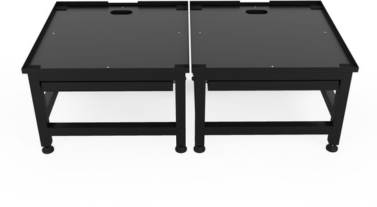 Twee identieke zwarte vierkante wasmachineverhogers naast elkaar, elk met een metalen frame en ronde poten.