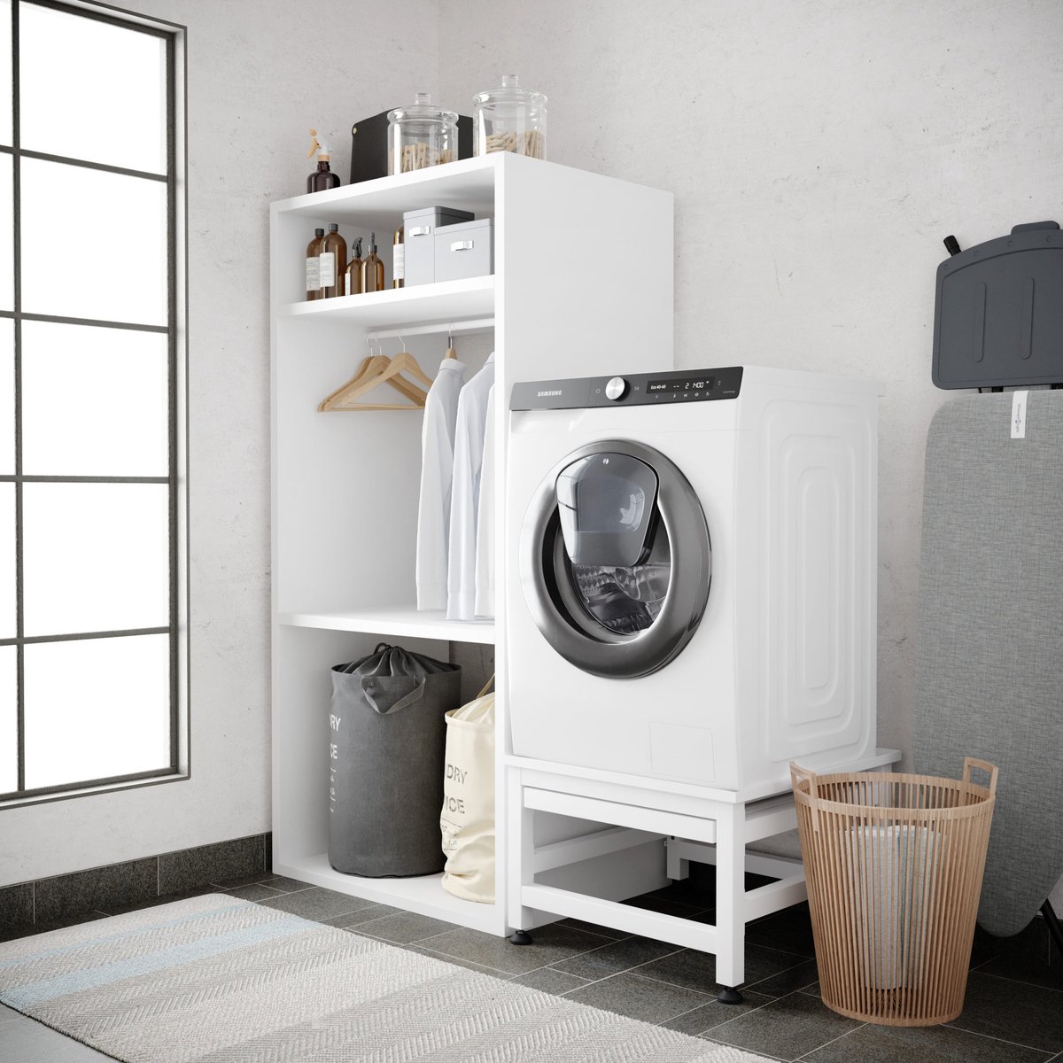 Wasophoogte® Wasmachine verhoger met uittrekbaar plateau - Wasmachine opbouwmeubel - Wasmachine sokkel - 42cm hoog - Wit - Universeel - 65*60,5 (LxB) - Inclusief wandbeugels thumbnail 6