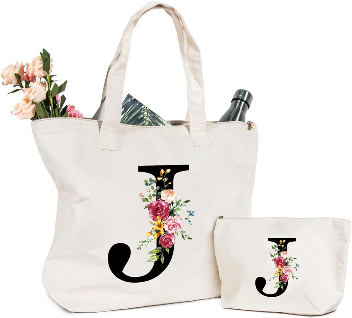 Linnen Shoppertas met Persoonlijke Letter en Bloemenprint voor Dames