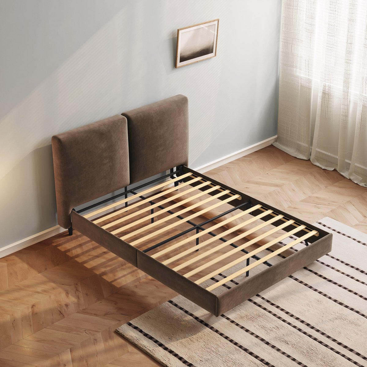 Guyii Bedframe 140x200 cm - Gestoffeerd Tweepersoons Bedframe met Hoofdbord - Stevige Lattenbodem - Max. 400 kg - Modern Design