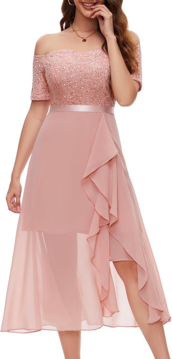 Lange avondjurk met glitter off-shoulder elegante baljurk