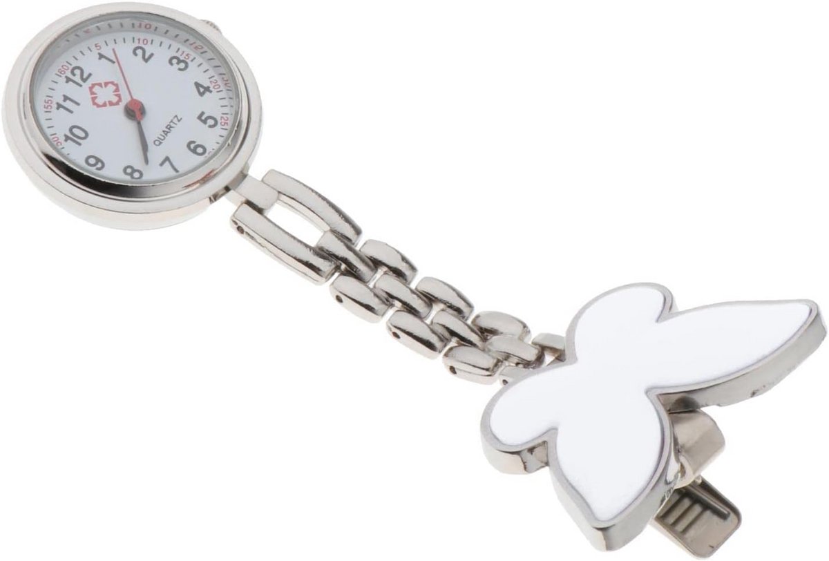 Vlinder borstclock met Swarovski kristallen - witte schelpenwijzerplaat