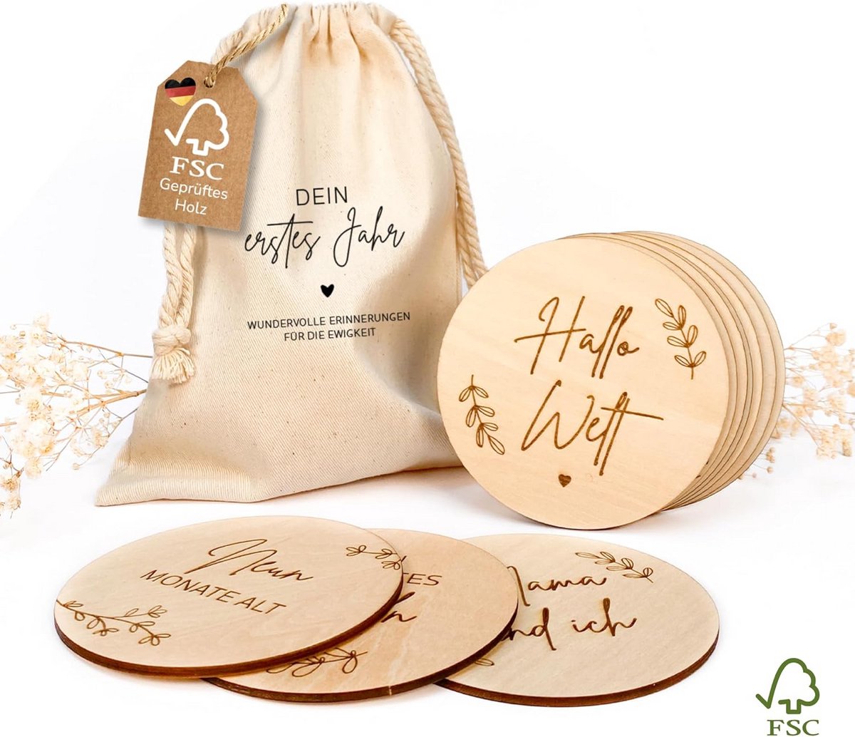 Houten Mijlpalenkaarten 40 Stuks inclusief Stoffen Zak | Duurzame Mijlpalenkaarten voor Baby's 1 Jaar | Geboortegeschenk | Geschenk voor Aanstaande Ouders | Zwangerschapsgeschenk (Hout)