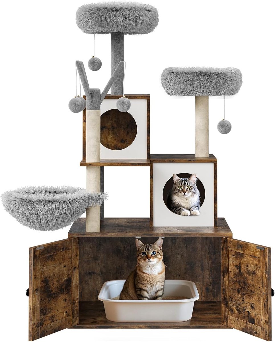 Kattenbakmeubel met Krabpaal & Krabmeubel – Verborgen Kattenbak + Huisje, Sisal Krabpaal & Zachte Ligplek – Modern Houten Design – Bruin