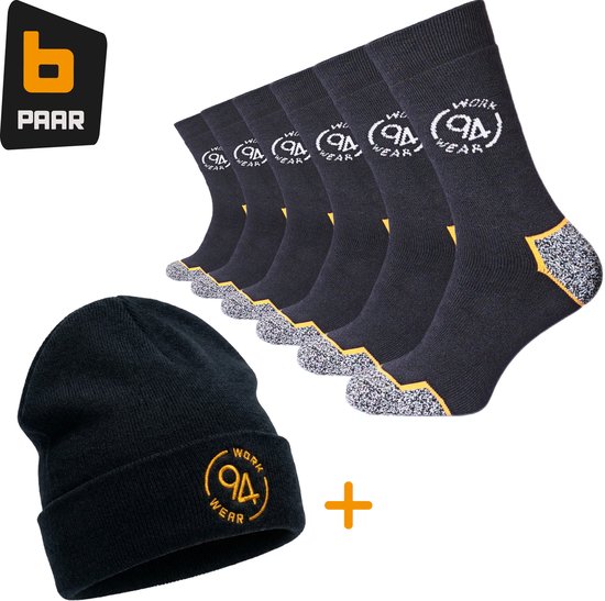 Set van 6 zwarte werksokken en 1 zwarte muts met "94 WORK WEAR" logo. "6 PAAR"