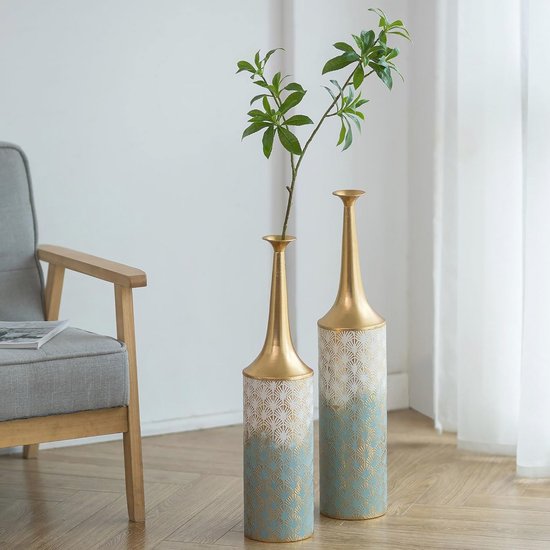 Sziqiqi Extra Large Floor Vases - 66/60cm Vintage High Floor Vase Set of 2 Large Farm Coastal Flower Vase for Living Room Metal Narrow Neck Vase for