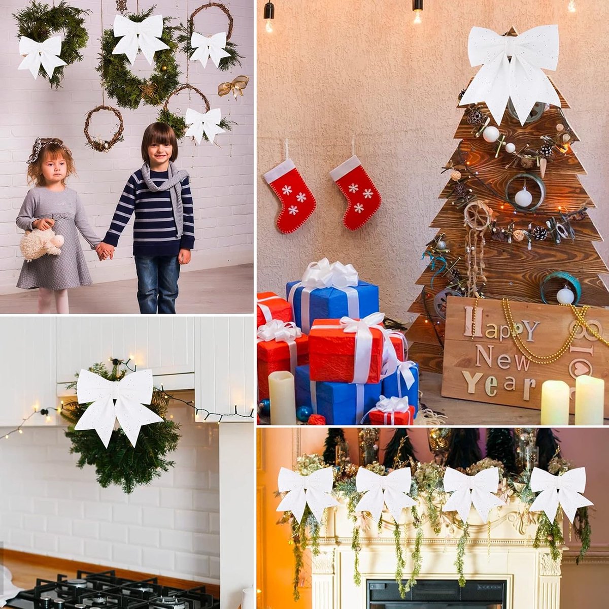 Kerst Strikken - Decoratie Bogen - Kerstboom Versieren - Glinsterend Effect - 5 Stuks - Wit – foto 5