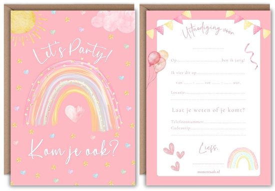 Uitnodiging Kinderfeestje Regenboog Roze - 10 stuks Incl Enveloppen - Party Thema - Uitnodigingskaarten - Uitnodiging Kinderfeestje Meisje - Uitnodiging Verjaardag - Kinderfeestje - Uitnodiging Regenboog