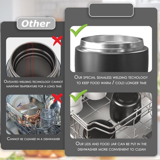 Thermo voor warme gerechten 40oz - draagbare roestvrijstalen bentobox - geïsoleerde voedselpot - voor volwassenen -lunchcontainers met brede opening - voor warme gerechten thermo-bentoboxen kom voedselcontainer kantoor thuis picknick - zwart van Merkloos — afbeelding 4