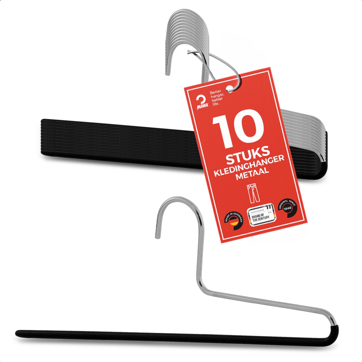 MAWA Broekhangers - Set van 10 - Ruimtebesparende Kledinghangers met Twee Steunen - Perfect voor Jeans, Stoffen Broeken en Pantalons - Hoogwaardige Antislip-Coating - 32 cm, Zwart