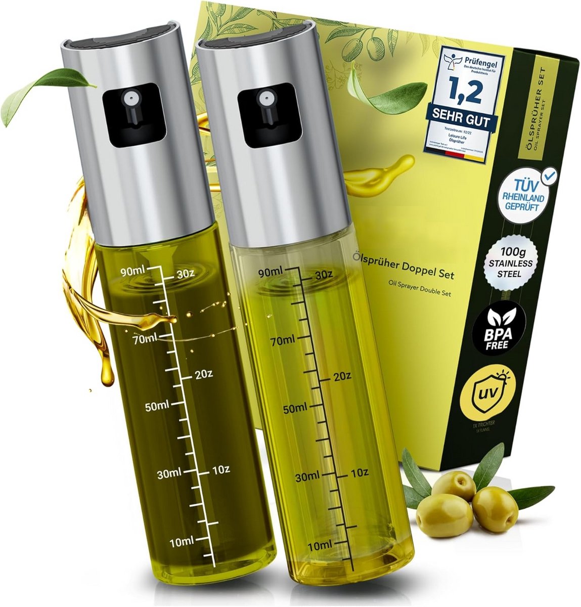 PromoHome Olie Spuitfles Set - 2 Stuks Groen Glas met RVS Mondstuk 100 ml