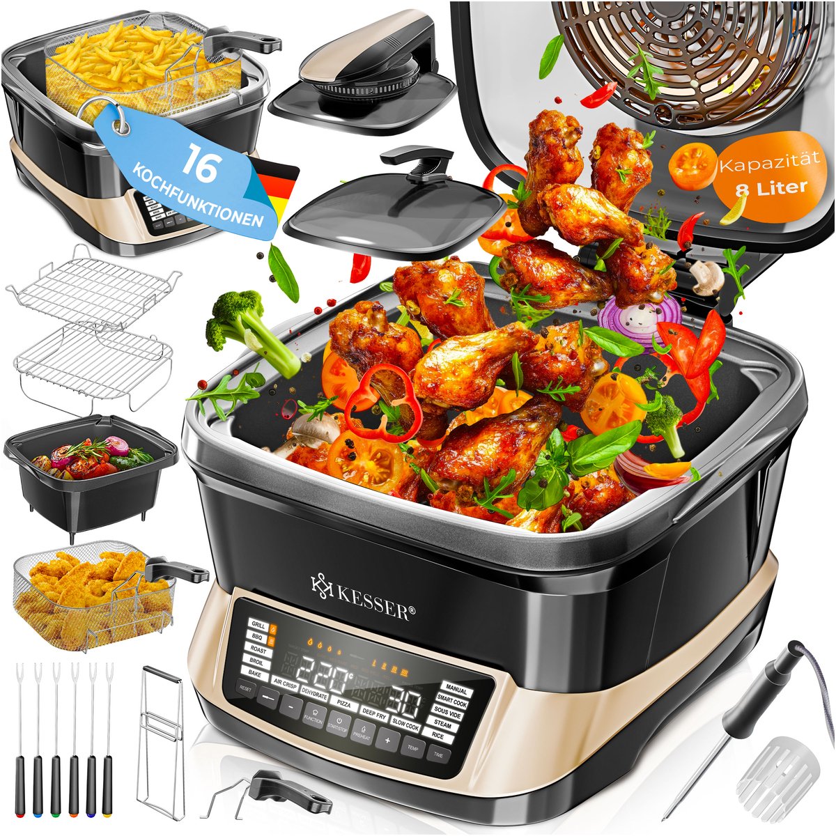 KESSER® Multicooker Airfryer 8L met 16 Kookfuncties Inclusief Stoomkoker, Rijstkoker, Grill Apparaat