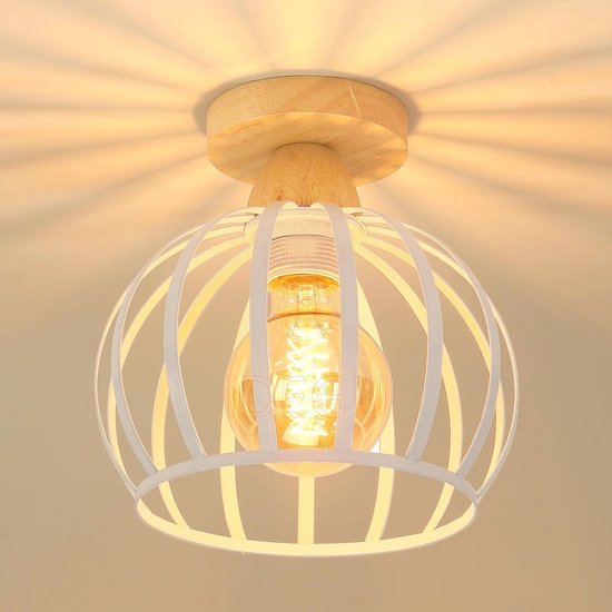 Vintage/retro ijzer plafondlamp/plafonnière met kap glas wit-brons/zwart - Plafondlamp
