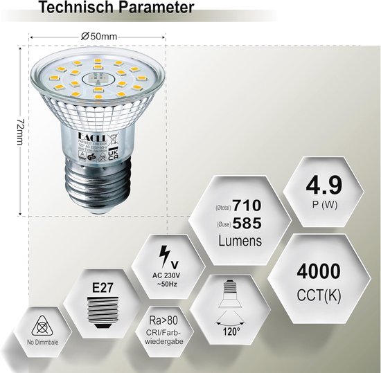 Neutrale witte E27 LED-lampen 4,9W, 710 lumen - 4 stuks, 4000K, niet ...