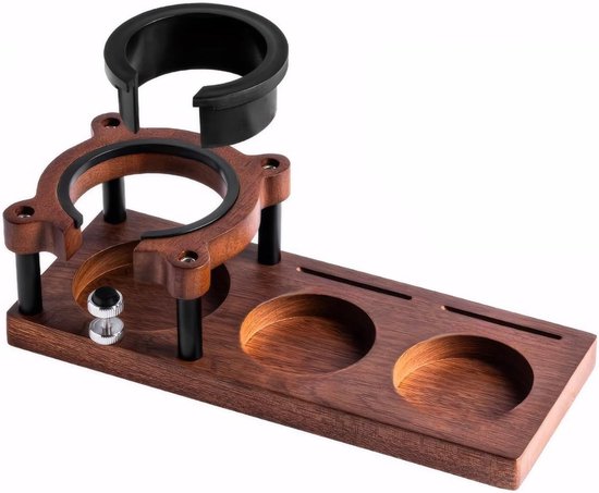 Station de Tamper Espresso en bois massif – Hauteur ajustable de 51-58 mm Tasseur à café et porte-poignée portable – Organiseur à café multifonctionnel antidérapant – Espace de rangement pour les accessoires à café – Porte-filtre portable