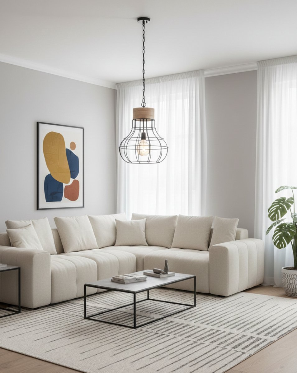 Hanglamp Industrieel 25x25x45 cm – Zwarte Mangohouten Druppelvormige Lamp – Retro Open Structuur, Stoer Design voor Woonkamer en Eettafel – Altameubel