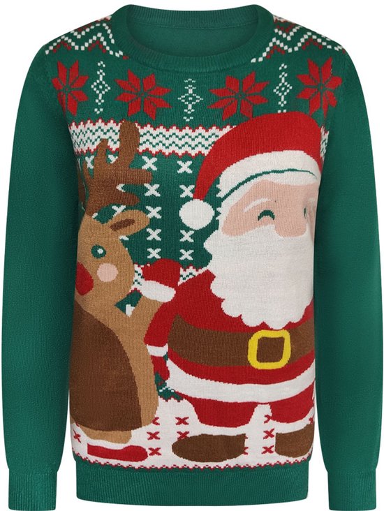 Foute Kersttrui Rendier Kerstman Groen - Dames - Maat M