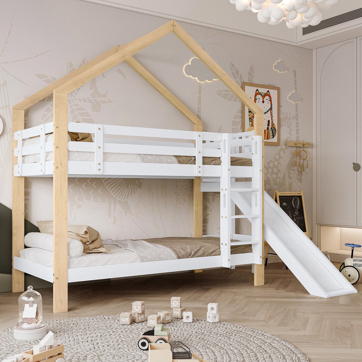 Wishdor Huis Stapelbed 90x200 cm - Glijbaan & Haakse Trap - Wit/Naturel Hout - Speels & Veilig