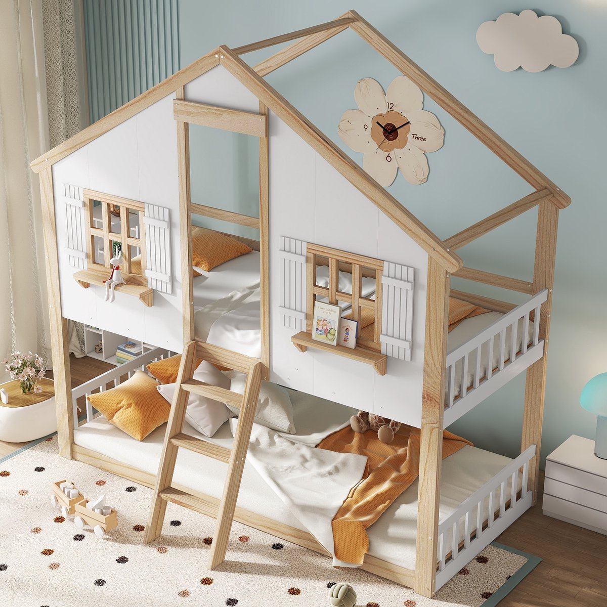 Wishdor Huis Stapelbed 90x200 cm - Dak & Raam - Schuine 3-Traps Ladder - Wit/Naturel Hout - Knus & Veilig