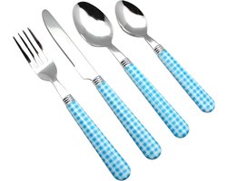 EXZACT Cutlery Set 24 Pieces Stainless Steel with Gingham Check Coloured Handles - 6 x Forks, 6 x Dinner Knives, 6 x Table Spoons, 6 x Teaspoons (Blue x 24 Pieces)