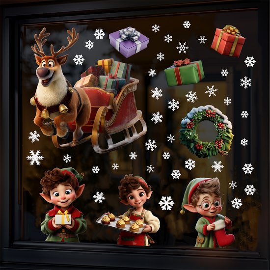 Extension d'autocollants de Noël Noël PETIT format - Rennes, lutins, cadeaux et flocons de neige - Autocollants de Noël réutilisables