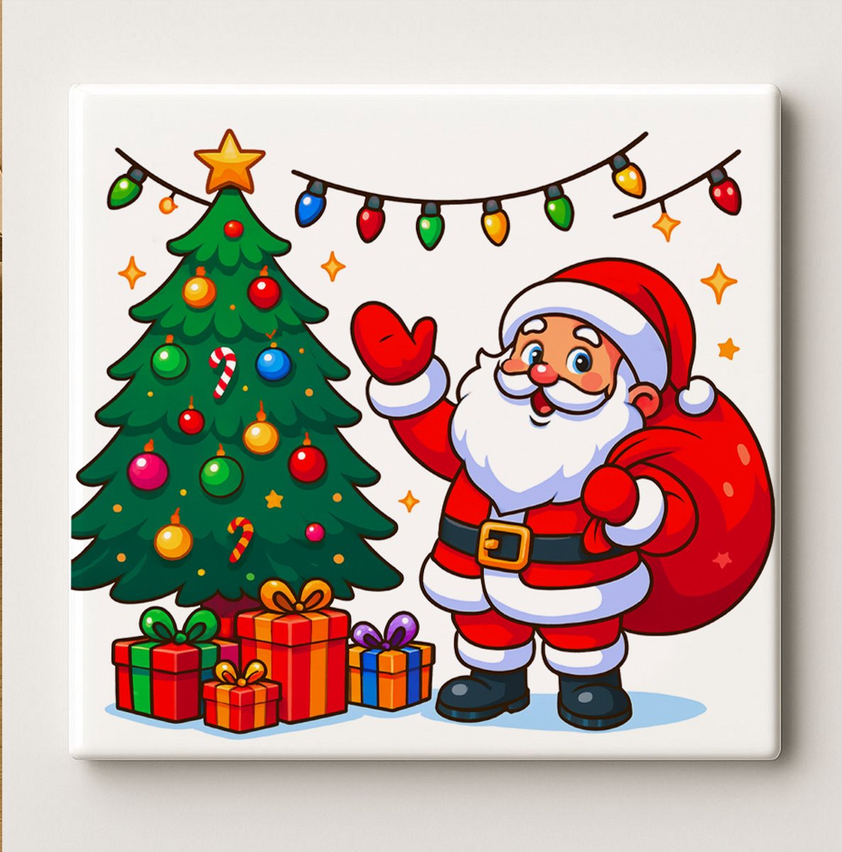 Nevolis Schattige Kerstman met Kerstboom Decoratieve Tegel 15x15 cm – Feestelijke Illustratie met Cadeaus – Gezellige Kerst Wanddecoratie Multi Color