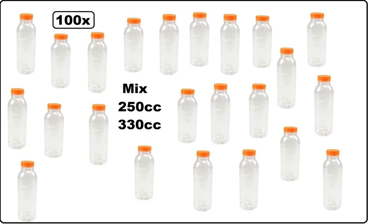 100x Fles Pet mix van 250cc en 330cc met oranje dop - gerecyclede drink fles vruchten sap limonade drank