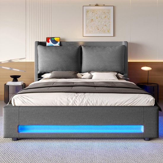 BLACKCOLORS Moderne hemelbed in fluweel met elegant hoofdeinde, praktische opbergruimte, USB-C-poorten, LED-sfeerverlichting, afneembare kussens en geïntegreerde stofbescherming. Elegant en functioneel. 160*200 cm