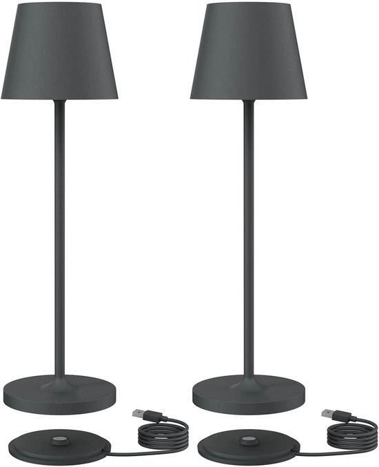 K-Bright Dimbare led-tafellamp, op batterijen, oplaadbaar, warme lichtkleur, 3000 K, waterdichte bureaulamp voor binnen en buiten, 1 meter USB-C, zwart (2 stuks