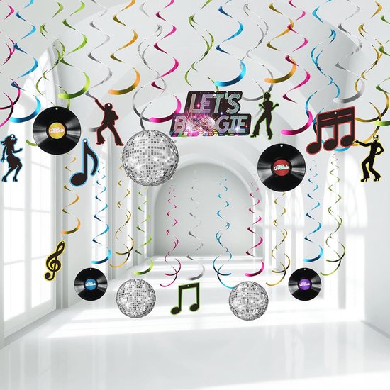 30 Stuks Disco Party Decoraties voor 70's Thema Feesten - Folie Swirls en Banners