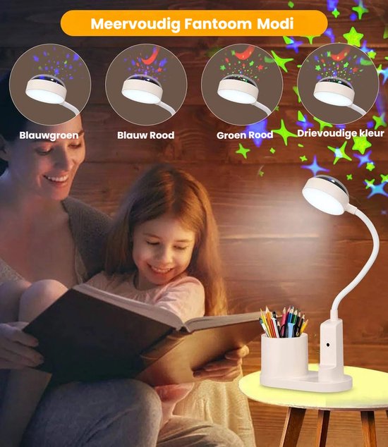 LED Bureau Lamp voor Kinderen met Sterrenprojectie - Draadloze Tafel Lamp met Pennenhouder en Oplaadbare Leeslamp — afbeelding 2