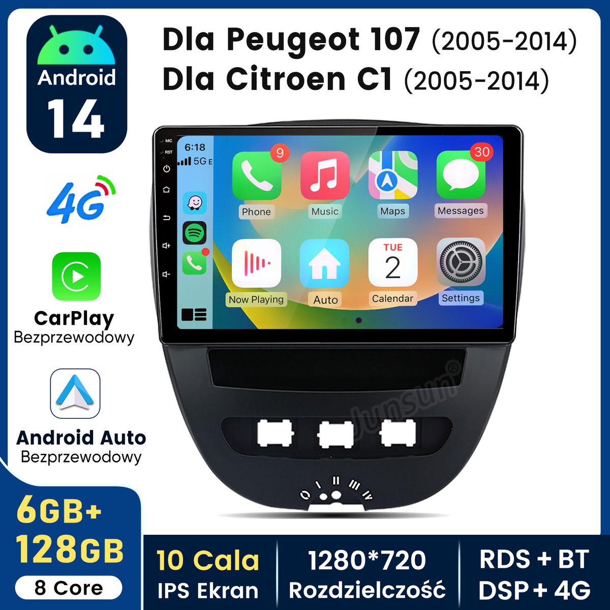 Hexinex Octa-Core autoradio Geschikt voor Peugeot 107, Toyota Aygo, Citroën C1 (2005-2014) - Draadloos CarPlay, Android Auto, multimediaspeler, 6GB+128GB