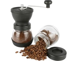 4-delige mini handmatige koffiemolen set met kegelvormige keramische bramen, handmatig instelbare ruwheid, inclusief twee glazen potjes, reinigingsborstel en maatlepel