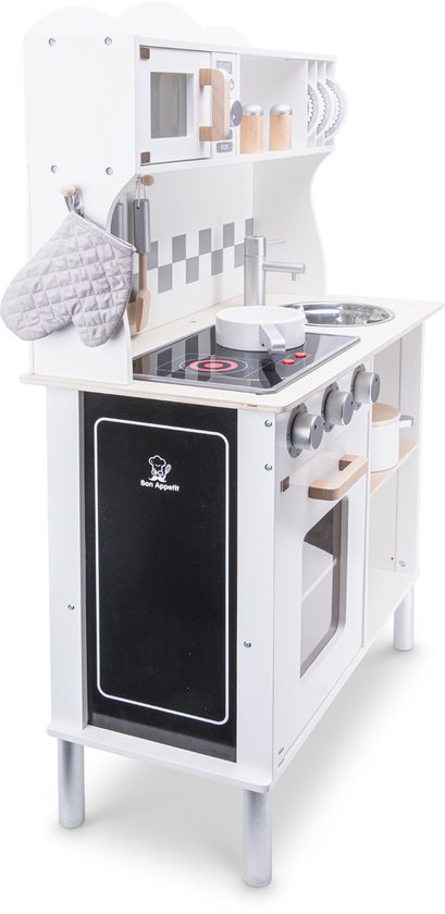 Woet® Houten Speelgoed Kinderkeuken - Speelkeukentje met Kookplaat met Licht en Geluid - Speelkeuken Wit met Diverse Accessoires - Werkbladhoogte 55 cm - Rollenspel - Vanaf 3 Jaar