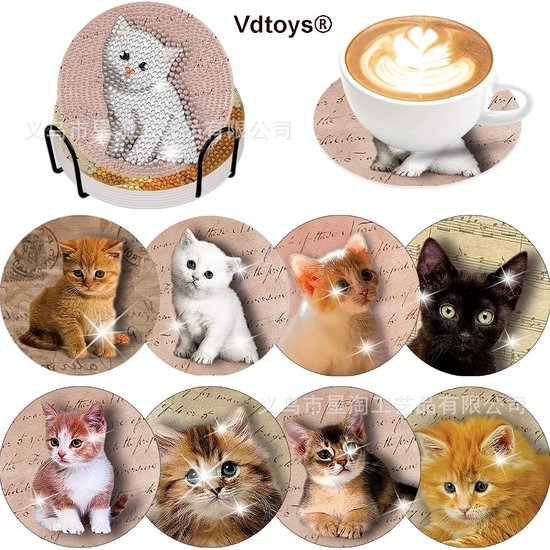 VDTOYS® DIAMOND PAINTING voor volwassenen - Onderzetters - Coasters - Onderleggers - Ronde steentjes - 8 stuks - Compleet Hobbypakket - set B katten