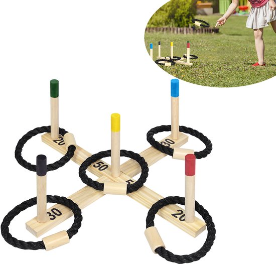 Werpspeelgoed Ringwerpspel Tuinspellen Buitenspeelgoed Tuinspellen Speelplezier Kinderspellen voor kinderen en volwassenen van grenenhout met 5 houten touwringen, 5 kleurrijke speelstokken en 1 kruis
