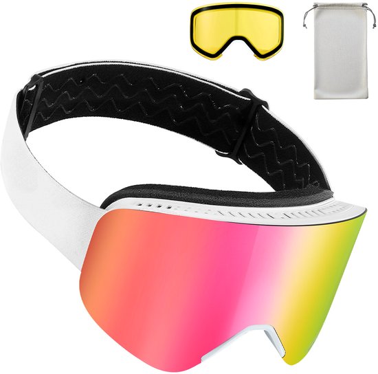 Frameloze Skibril met Magnetische Cilindrische Lens, Roze Revo-Coating, OTG Anticondensontwerp voor Heren, Dames en Jongeren, Tpu-Frame met Ventilatie, Geschikt voor Skiën, Skaten en Snowboarden