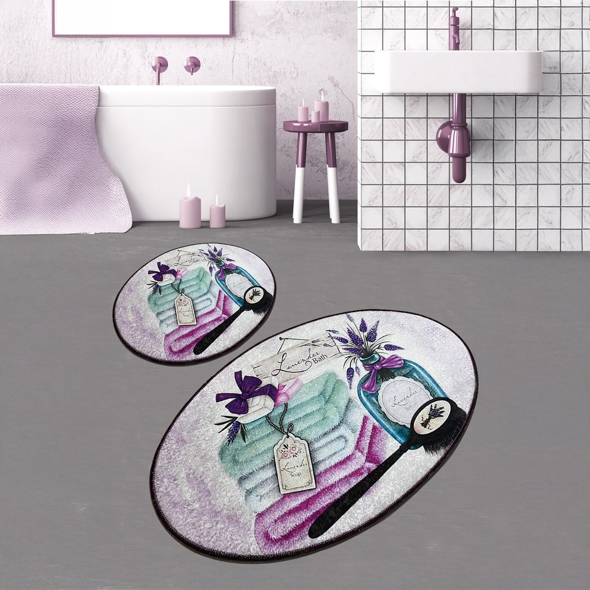 Bosdela Lavendel Ovale 2-delige badkamermatten, wasbaar, zacht en comfortabel – toiletmat + badmat – ideaal voor badkamer en toilet, met 60x100 cm + 50x60 cm