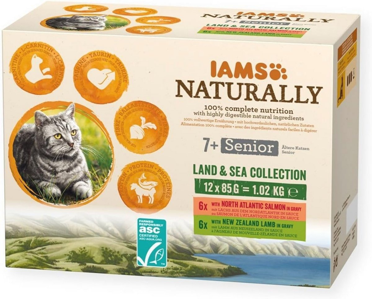 IAMS Naturally Senior kattenvoer nat in saus - hoogwaardig natvoer met vlees en vis voor oudere katten, Land & Sea Collection, 12 x 85 g
