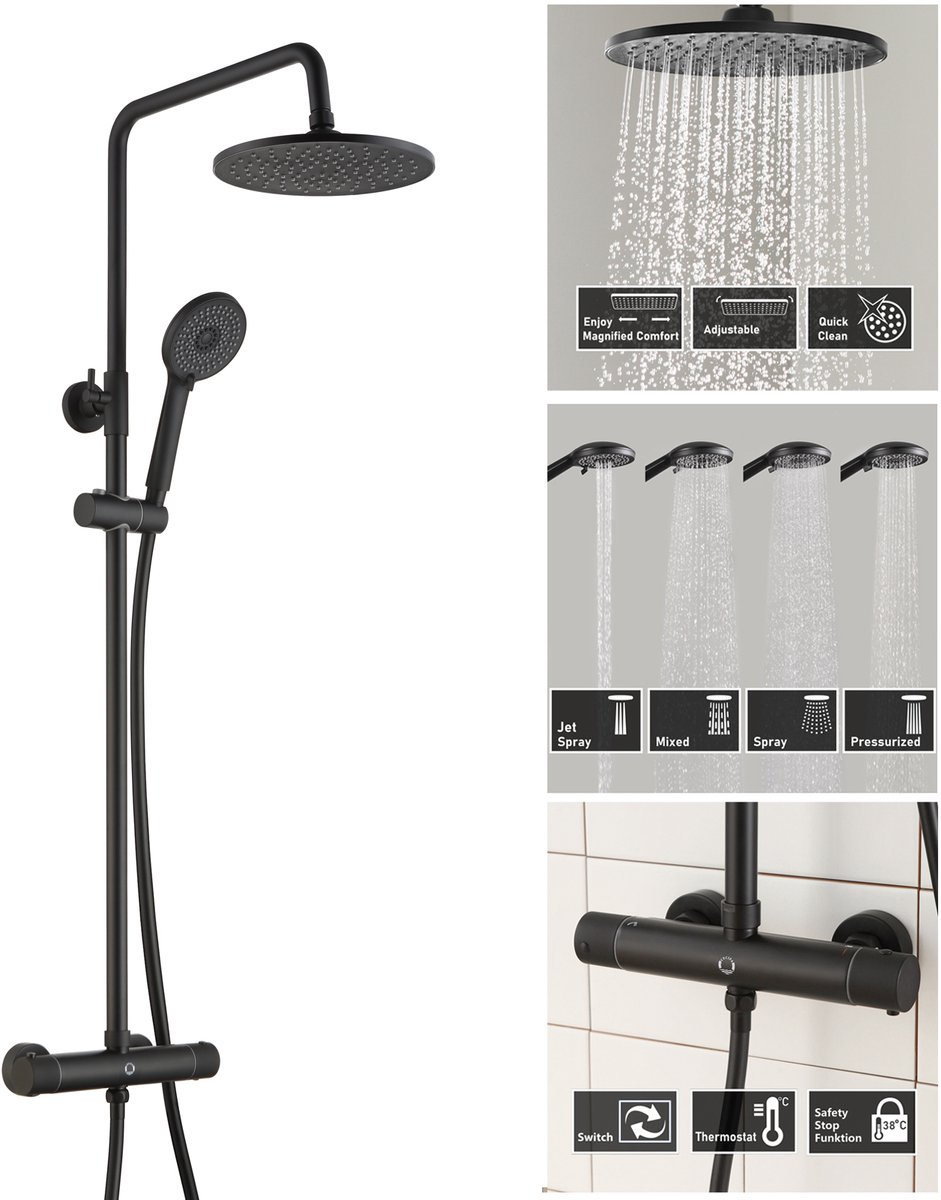 CECIPA Max Regendouche Douchesysteem met Thermostaatkraan - 38°C Thermostatische - Doucheset - Regendoucheset - 4 Functie Handdouche - Ø 23cm - Waterbesparend