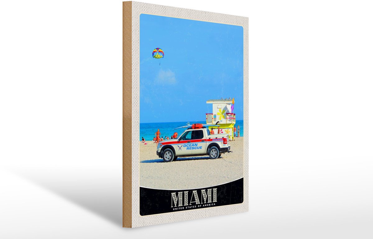 Femer Holzschild Reise 30x40cm Miami USA Amerika Ozeanrettung Wagen