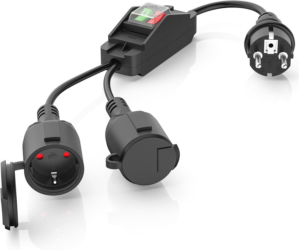 Dubbele stekkeradapter voor wandcontactdoos - 16 A / 250 V, Flexibele 0,1 m Kabel, IP20, Voor Thuis en Kantoor