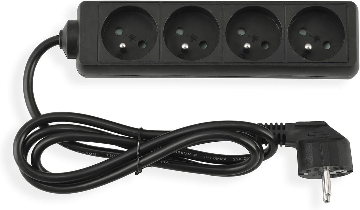Verlengkabel 4x 230V - 1,5 meter met platte stekker - IP20 - randaardeverlenging - zwart
