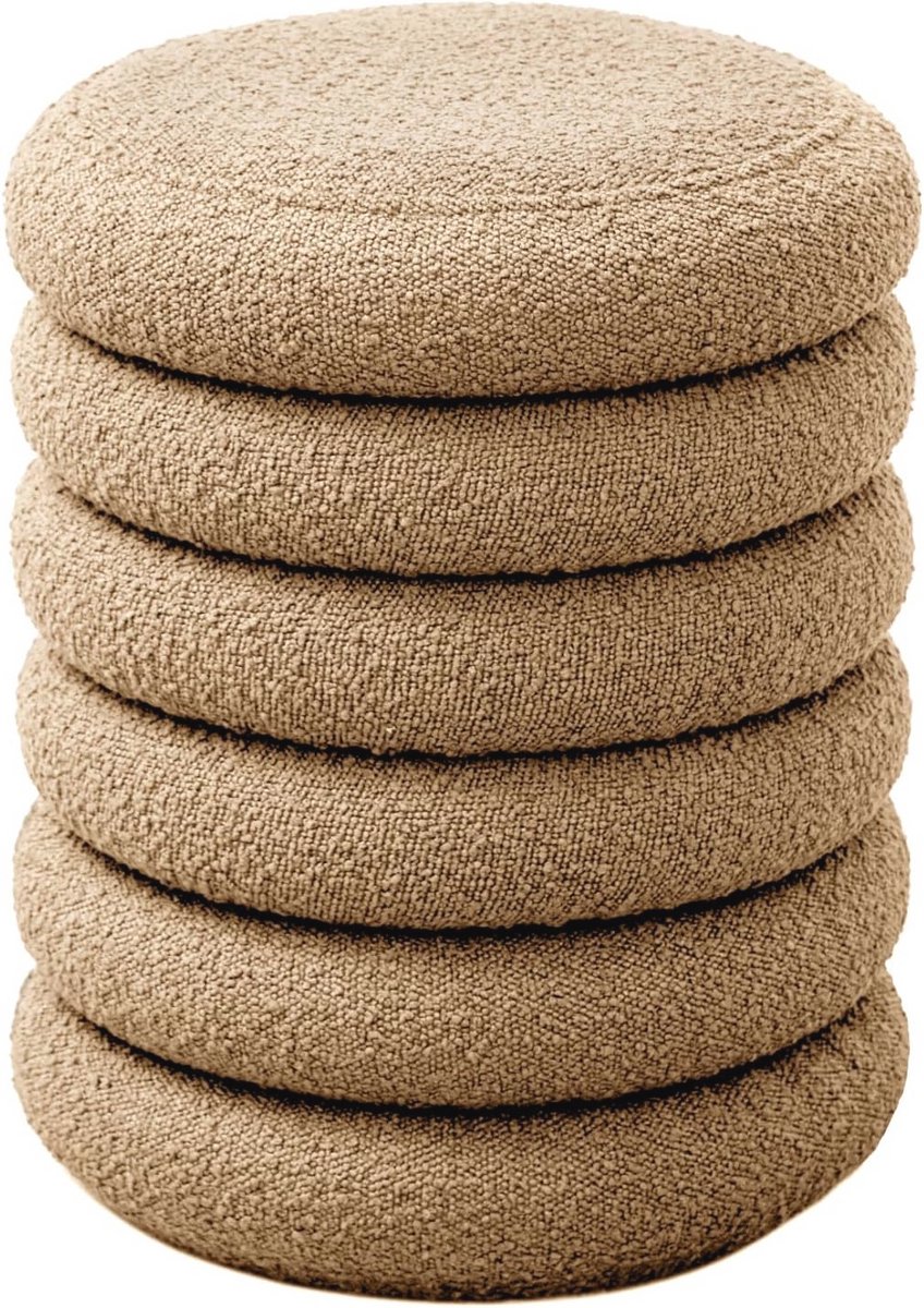 Lichtbruine Poef met Opbergruimte en Bouclé Bekleding - Multifunctionele Ottoman