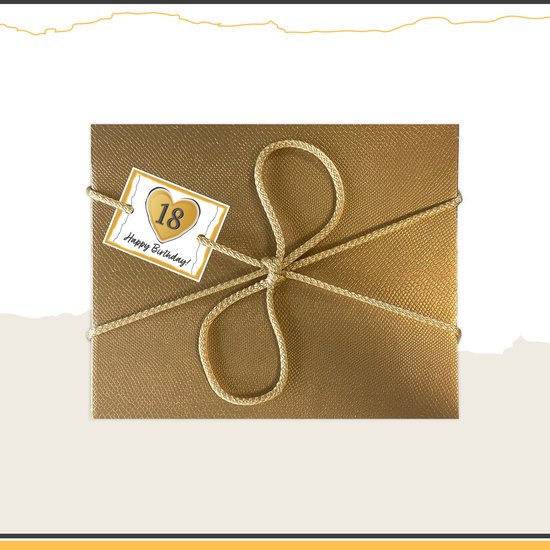 Gouden geschenkverpakking met touw en een kaartje met '18 Happy Birthday!' voor een 18e verjaardag.