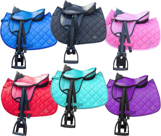 Zadelset voor kinderen voor Shetty Pony en houten paarden met zadeldeken en stijgbeugels Zadelset voor kinderen voor Shetty Pony en houten paarden met zadeldeken en stijgbeugels